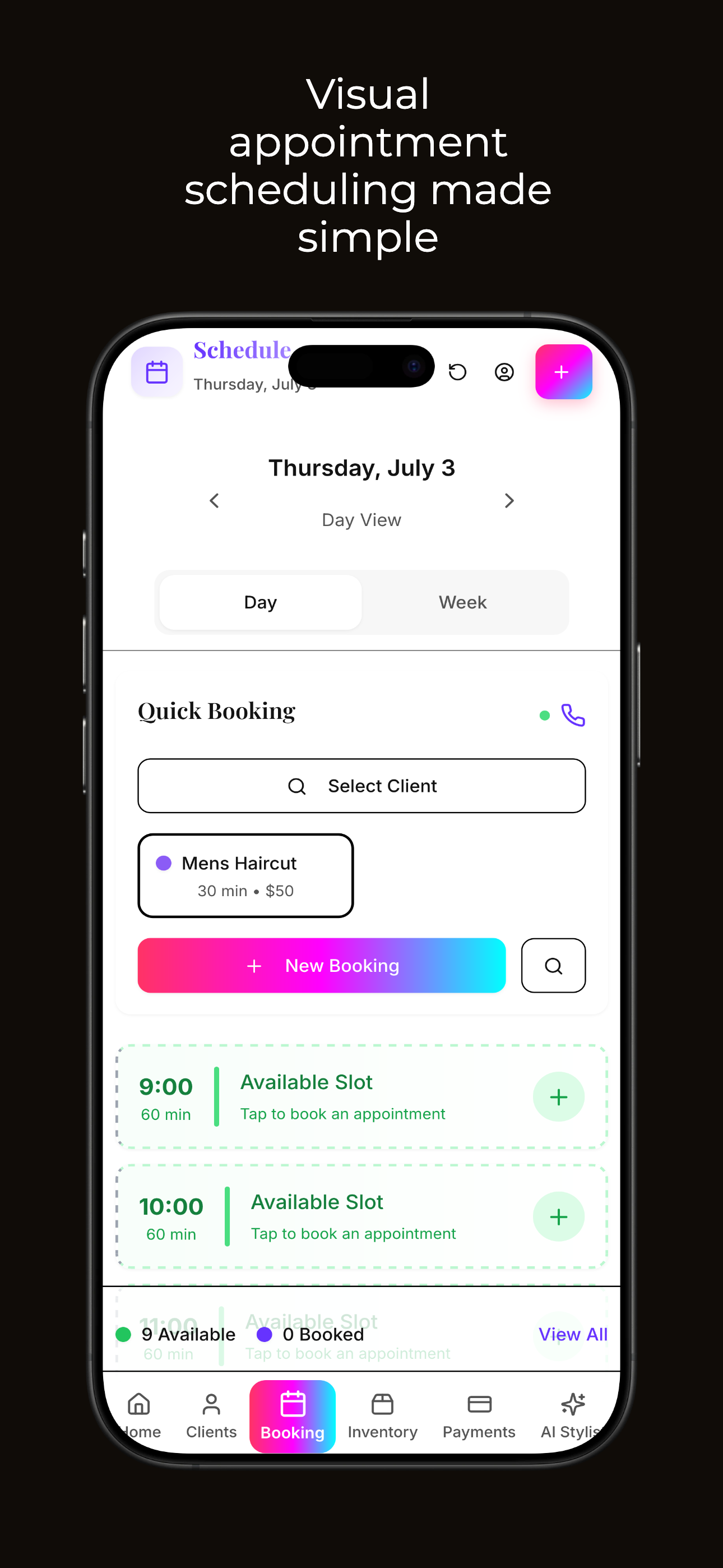 Backbar Zen appointment scheduling interface showing weekly calendar view with available time slots
