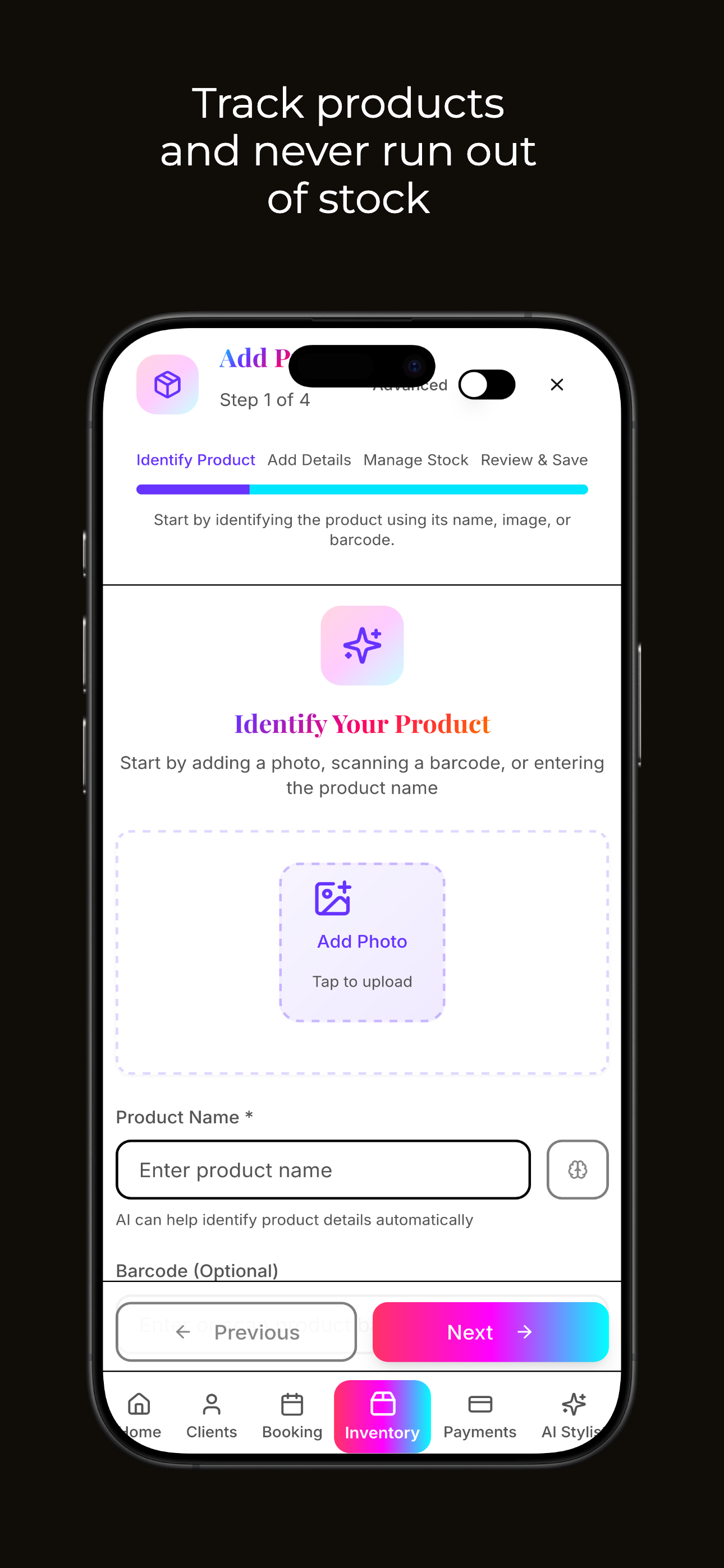 Backbar Zen smart inventory management interface with AI product recognition and barcode scanning