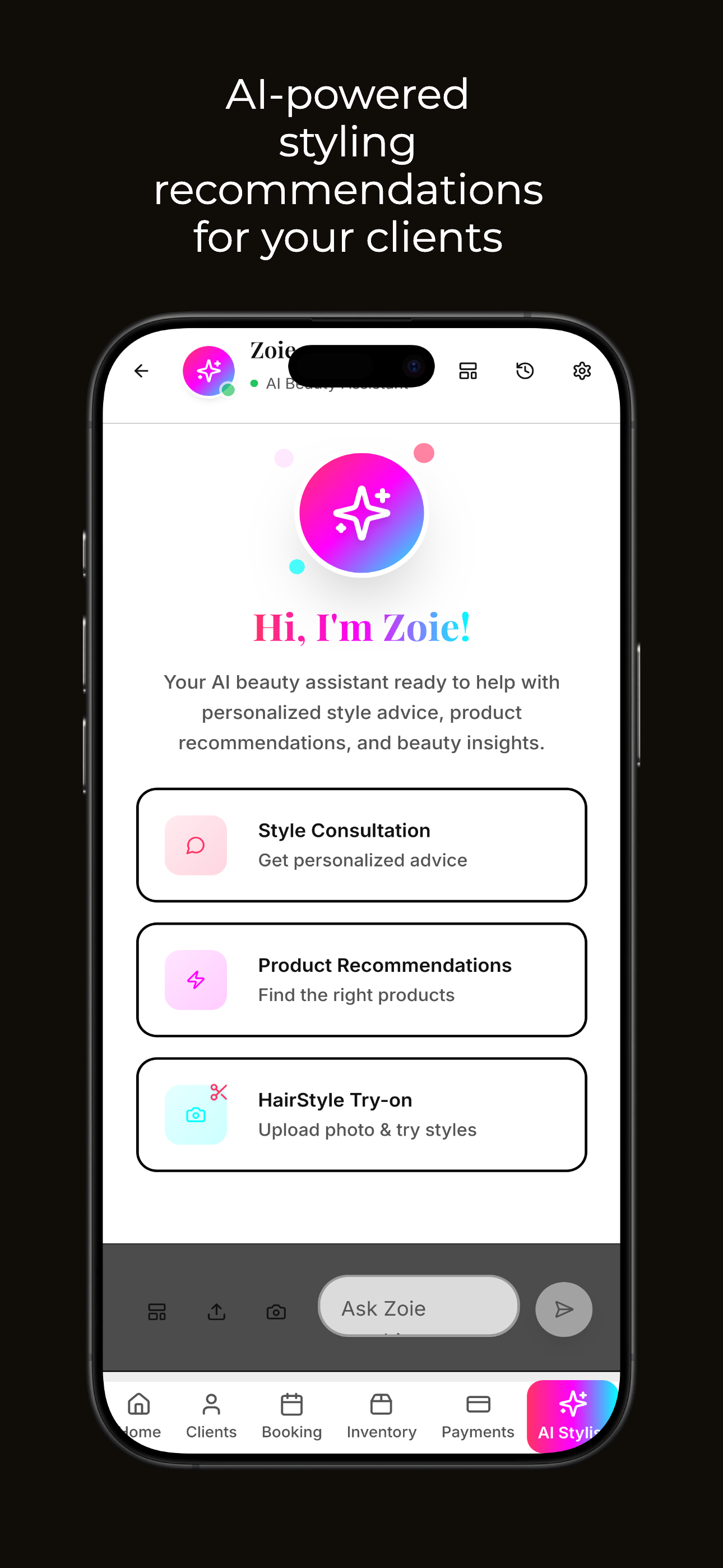Zoie AI assistant interface showing intelligent style recommendations and product suggestions for salon professionals